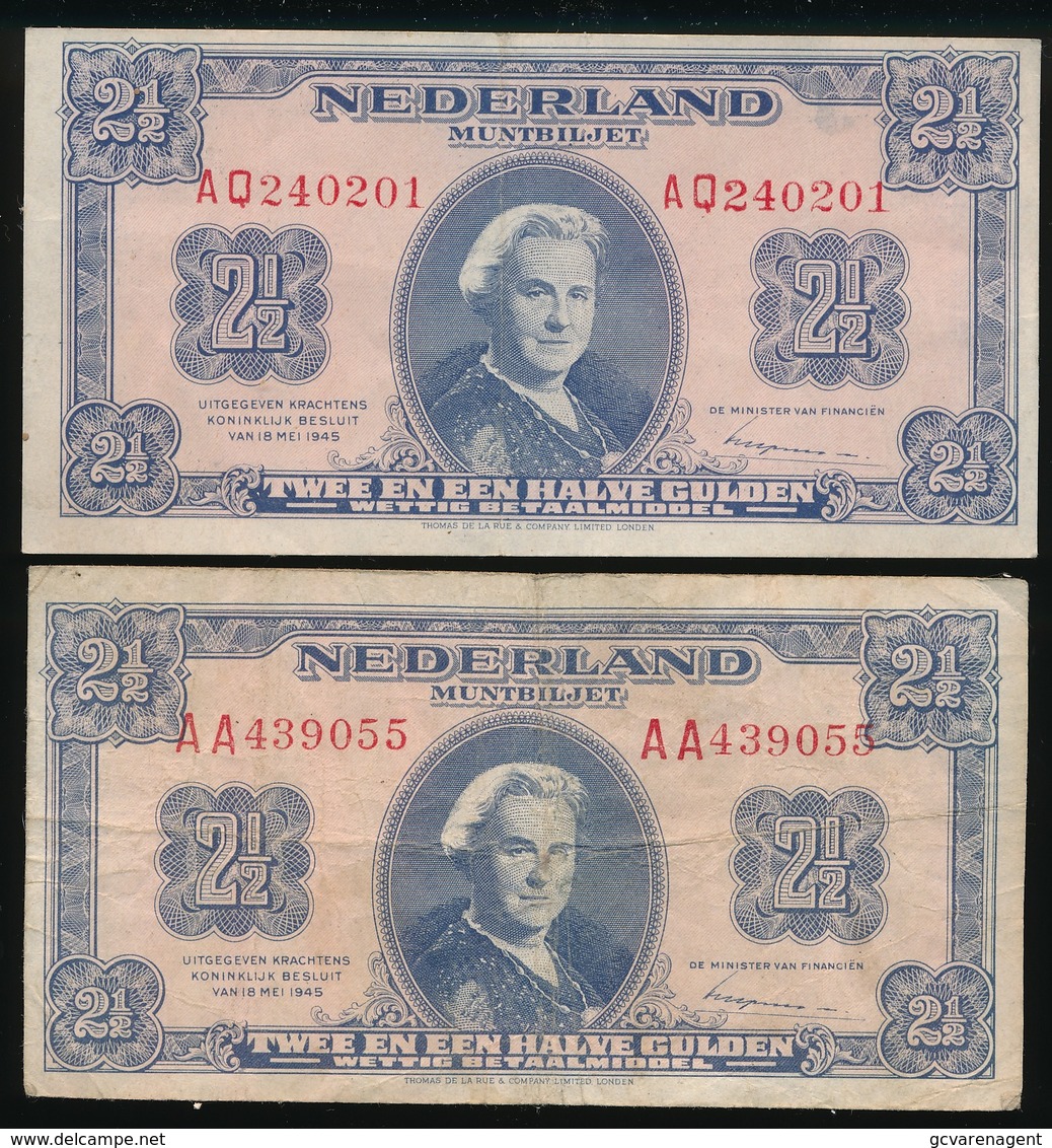 2 BILJETTEN TWEE EN EEN HALVE GULDEN 1945 - 2 AFBEELDINGEN - 2 1/2 Gulden