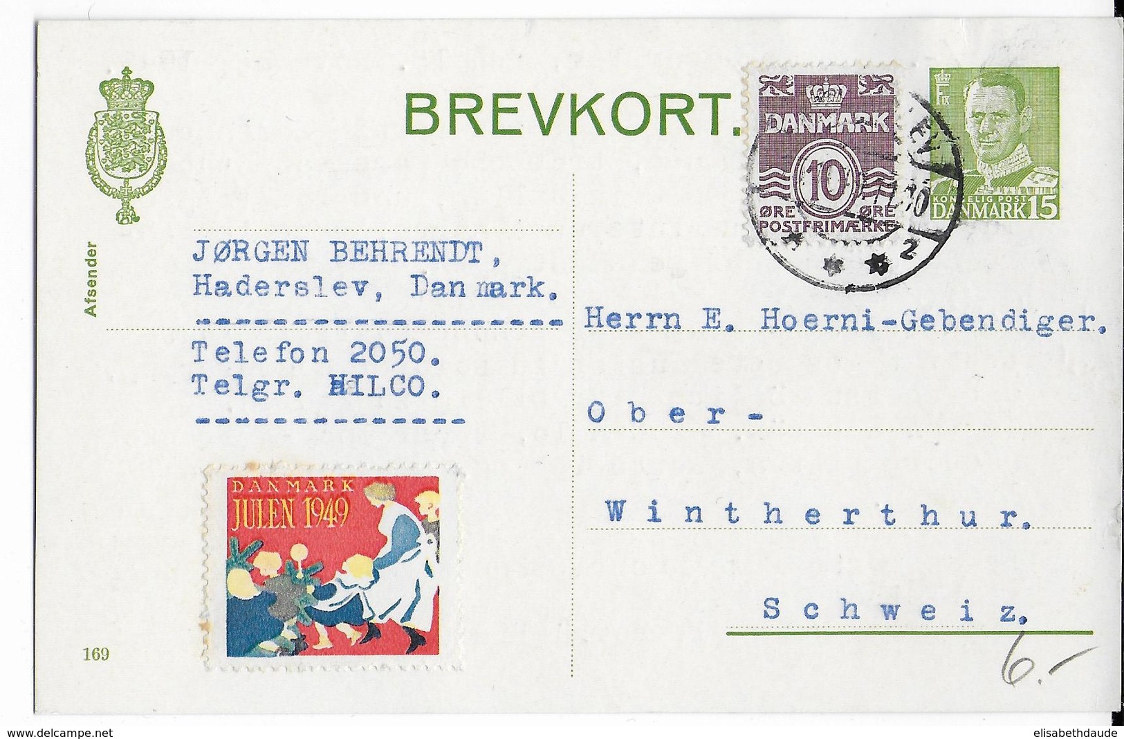 DANEMARK - 1949 - CARTE ENTIER Avec VIGNETTE NOËL De HADERSLEV => OBER WINTHERTHUR (SUISSE) - Entiers Postaux