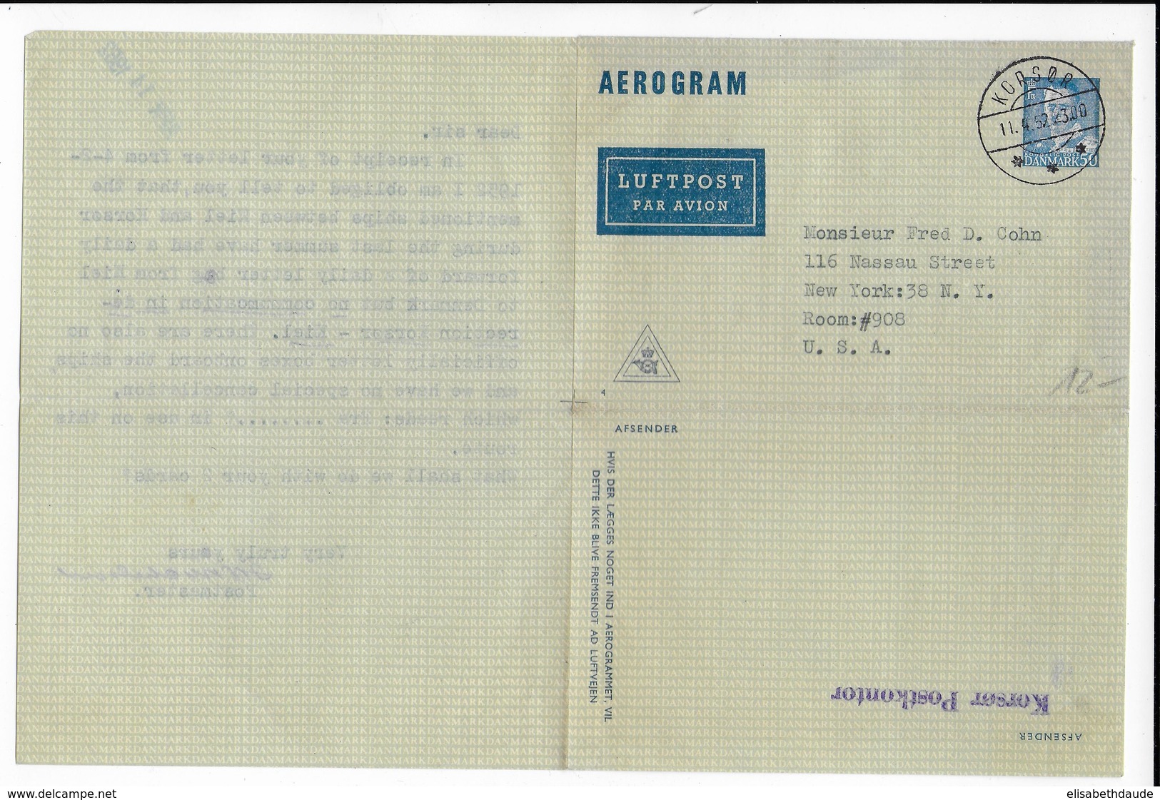 DANEMARK - 1952 - LETTRE ENTIER AEROGRAMME De KORSOR => NEW YORK (USA) - Enteros Postales