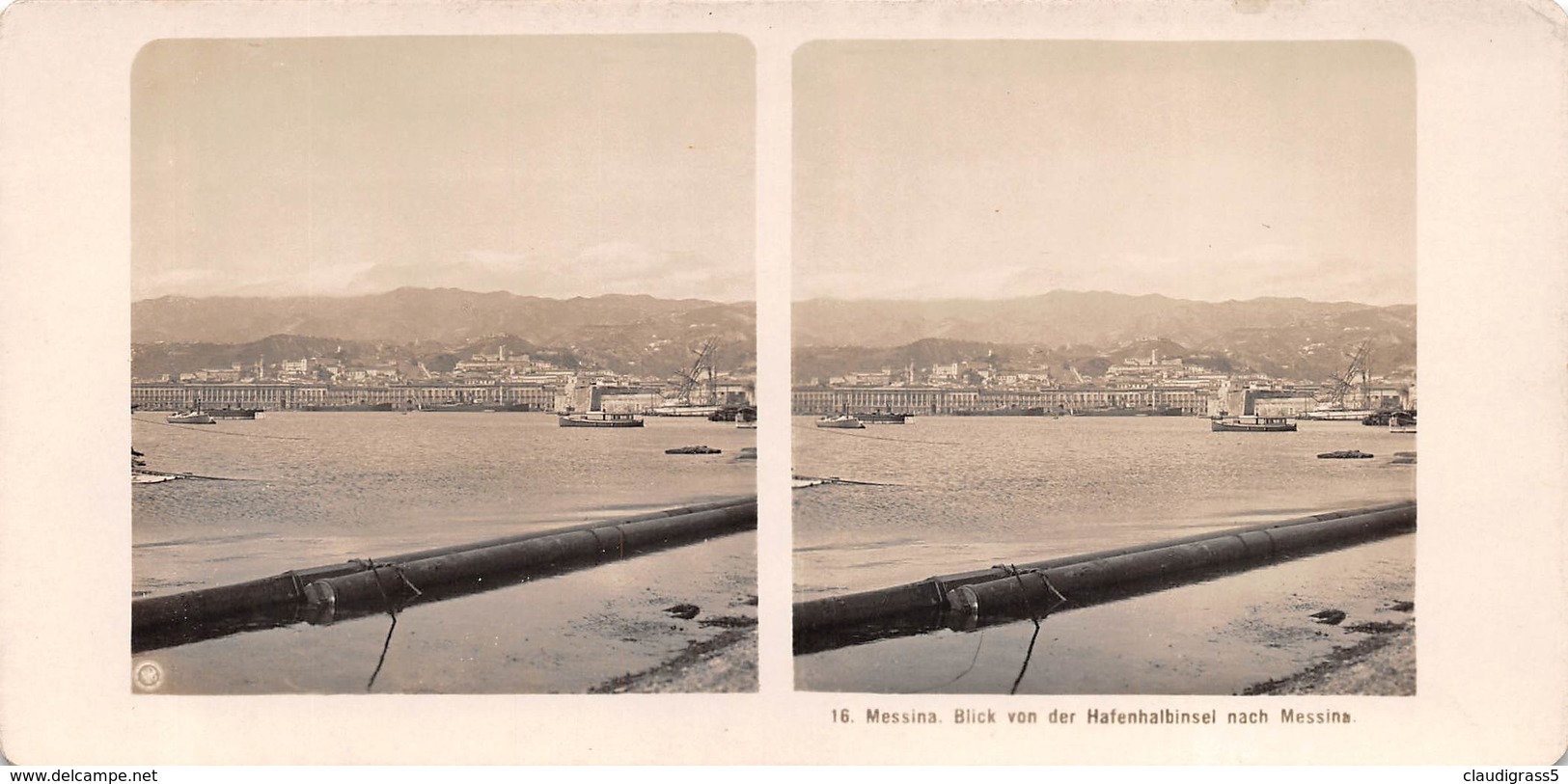 0032 " MESSINA - BLICK VON DER HAFENHALBINSEL NACH MESSINA " CART. STEREOSCOPICA ORIG. - Messina