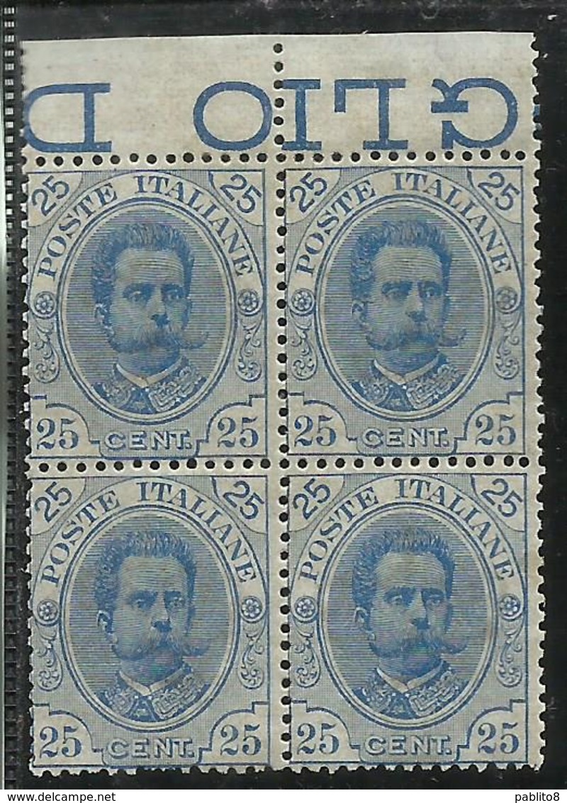 ITALIA REGNO ITALY KINGDOM 1891 1896 UMBERTO 25 CENT. DISCRETA CENTRATURA MNH QUARTINA BORDO DI FOGLIO - Neufs