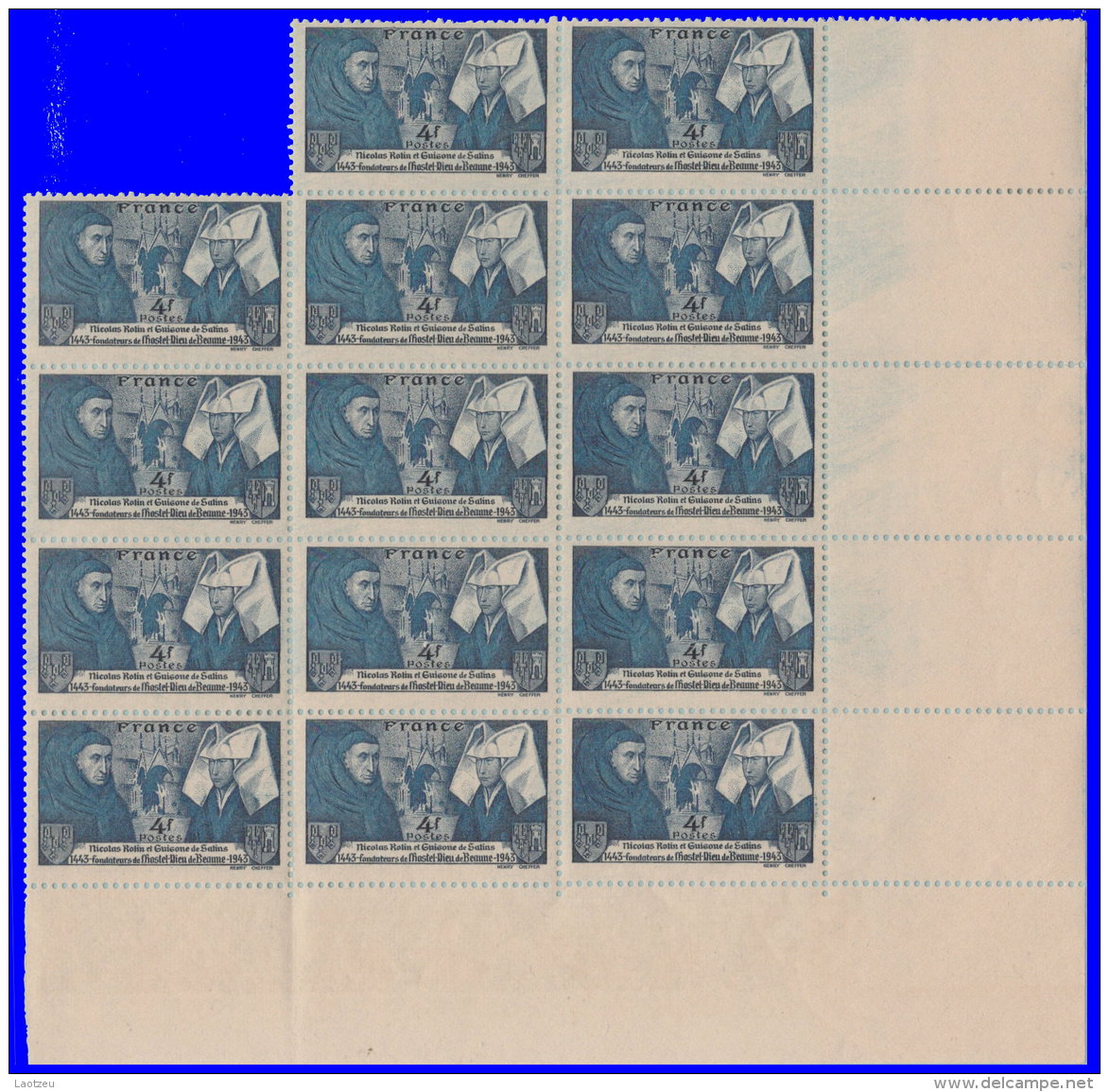 France 1943. ~ YT 583** Bloc De 14 - 500 Ans Hôtel-Dieu De Beaune - Unused Stamps