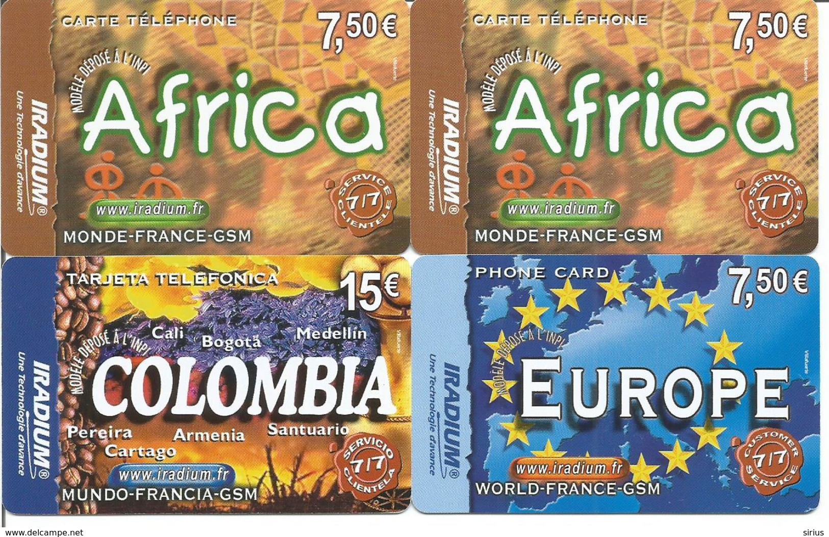 Lot De 4 Télécartes Prépayée Différentes - IRADIUM ( EUROPE COLOMBIA AFRICA ) - Sonstige & Ohne Zuordnung