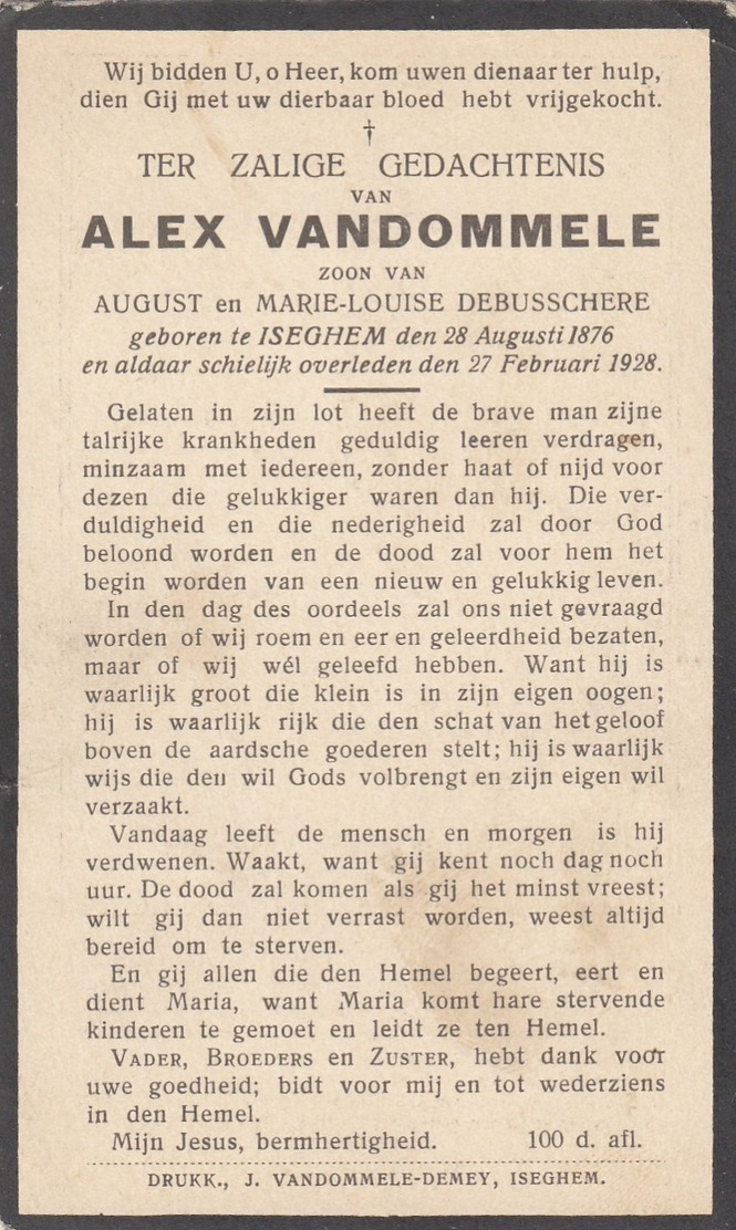 Vandommele Alex - Zoon Van August & Marie,Louise Debusschere ° Izegem 1876 + Aldaar 1928      Lot 548 - Andachtsbilder