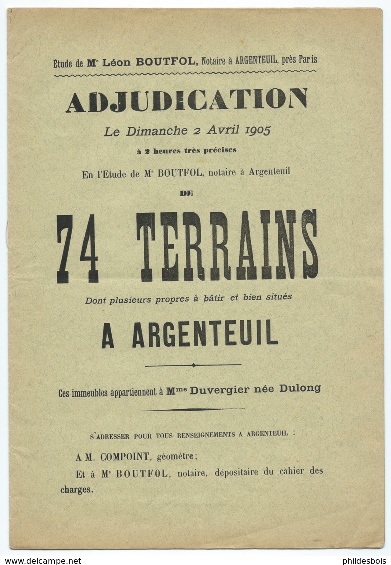 ARGENTEUIL CATALOGUE De Vente Par ADJUDICATION 74 TERRAINS 1905 - Documents Historiques