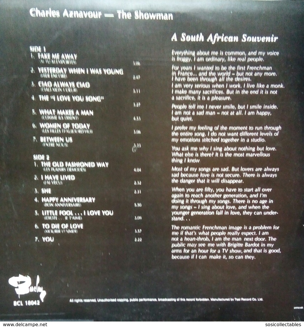 Charles Aznavour - A South African Souvenir LP Vinyl Record - South Africa Edition - Disco, Pop
