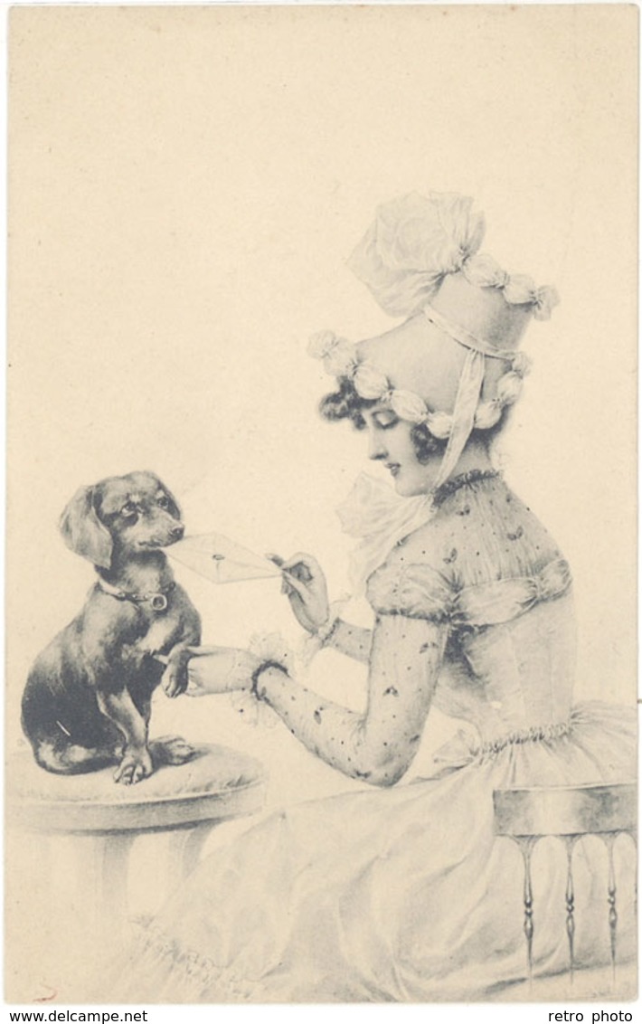 Cpa Illustrateur - Femme Et Chien Teckel, Viennoise M.M. Vienne - Other & Unclassified