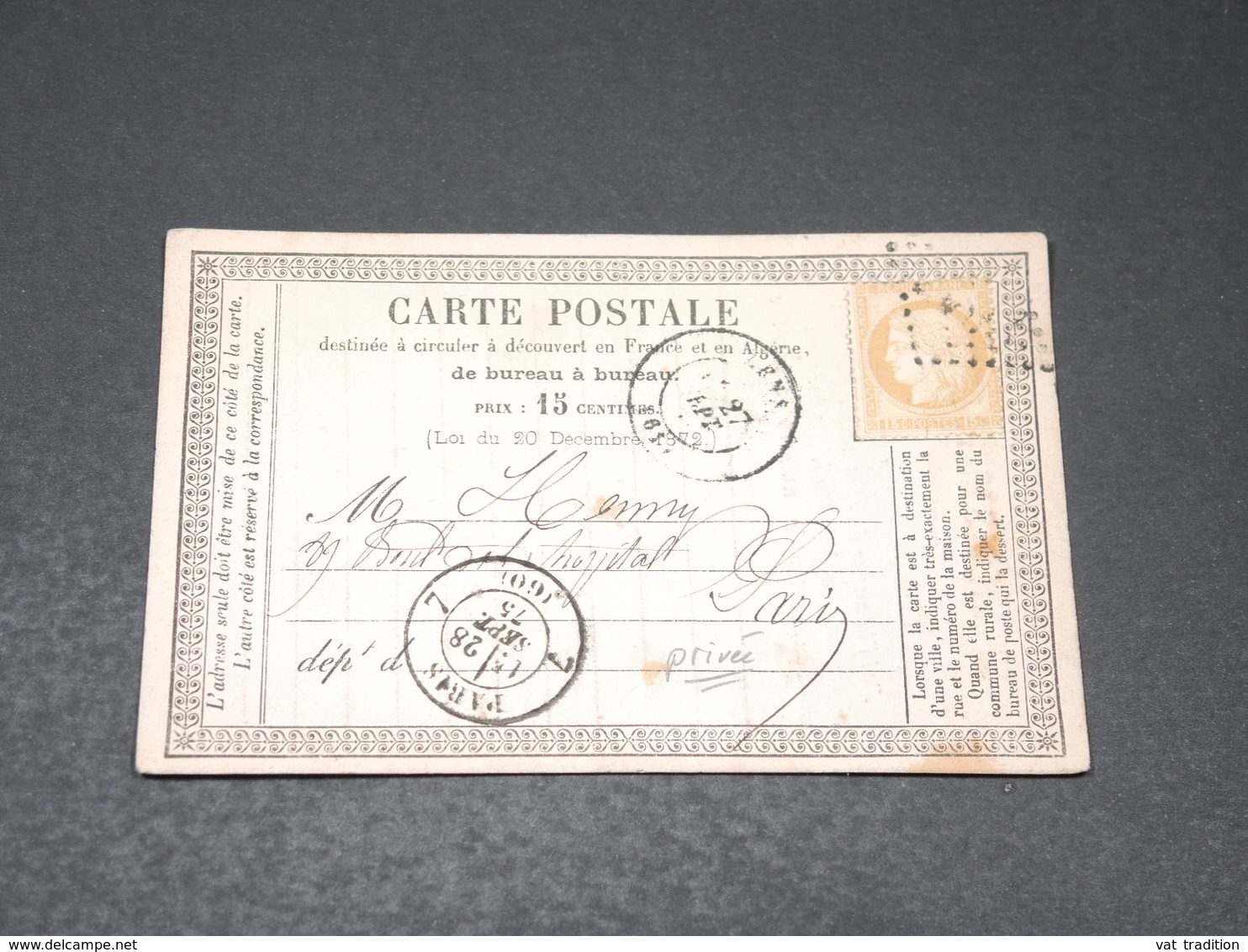 FRANCE - Carte Précurseur Commerciale ( Repiquage Au Verso ) De Lens Pour Paris En 1875 - L 20641 - Cartes Précurseurs