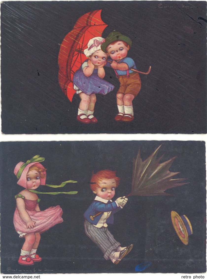 Cpa Illustrateur - 2 CPA – Colombo, Enfants Au Parapluie - Colombo, E.