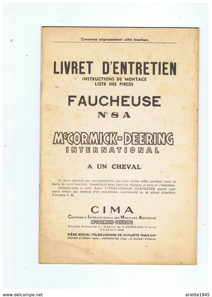 LIVRET D'ENTRETIEN FAUCHEUSE N° 8 A Mc CORMICK - DEERING INTERNATIONAL A UN CHEVAL - Publicités