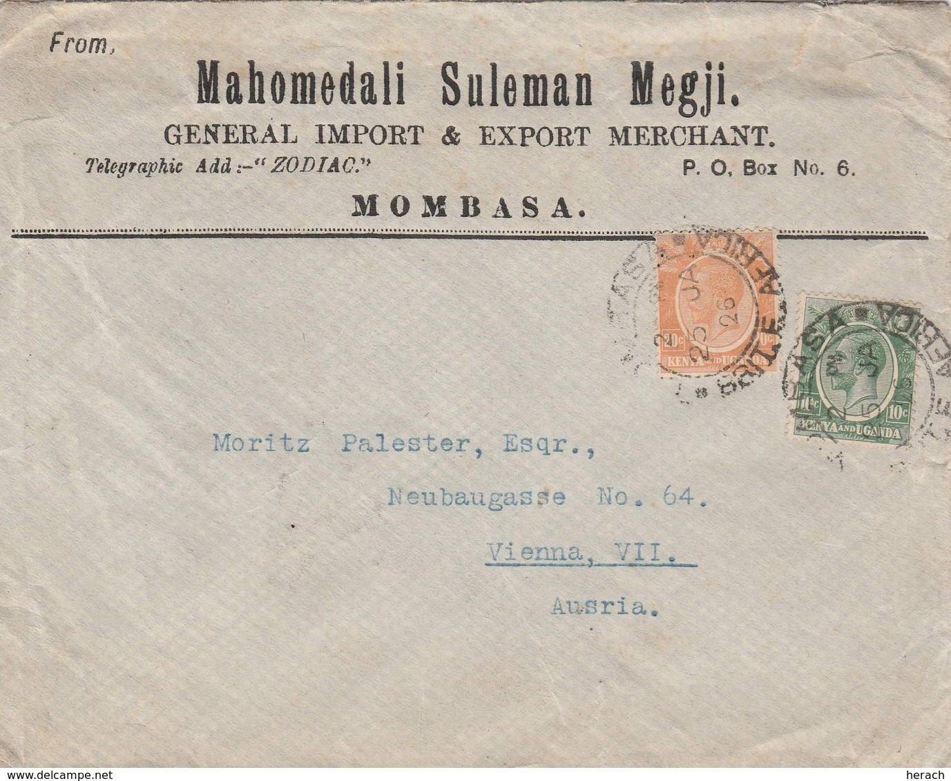 Kenya Lettre De Mombasa Pour L'Autriche 1926 - Kenya & Uganda