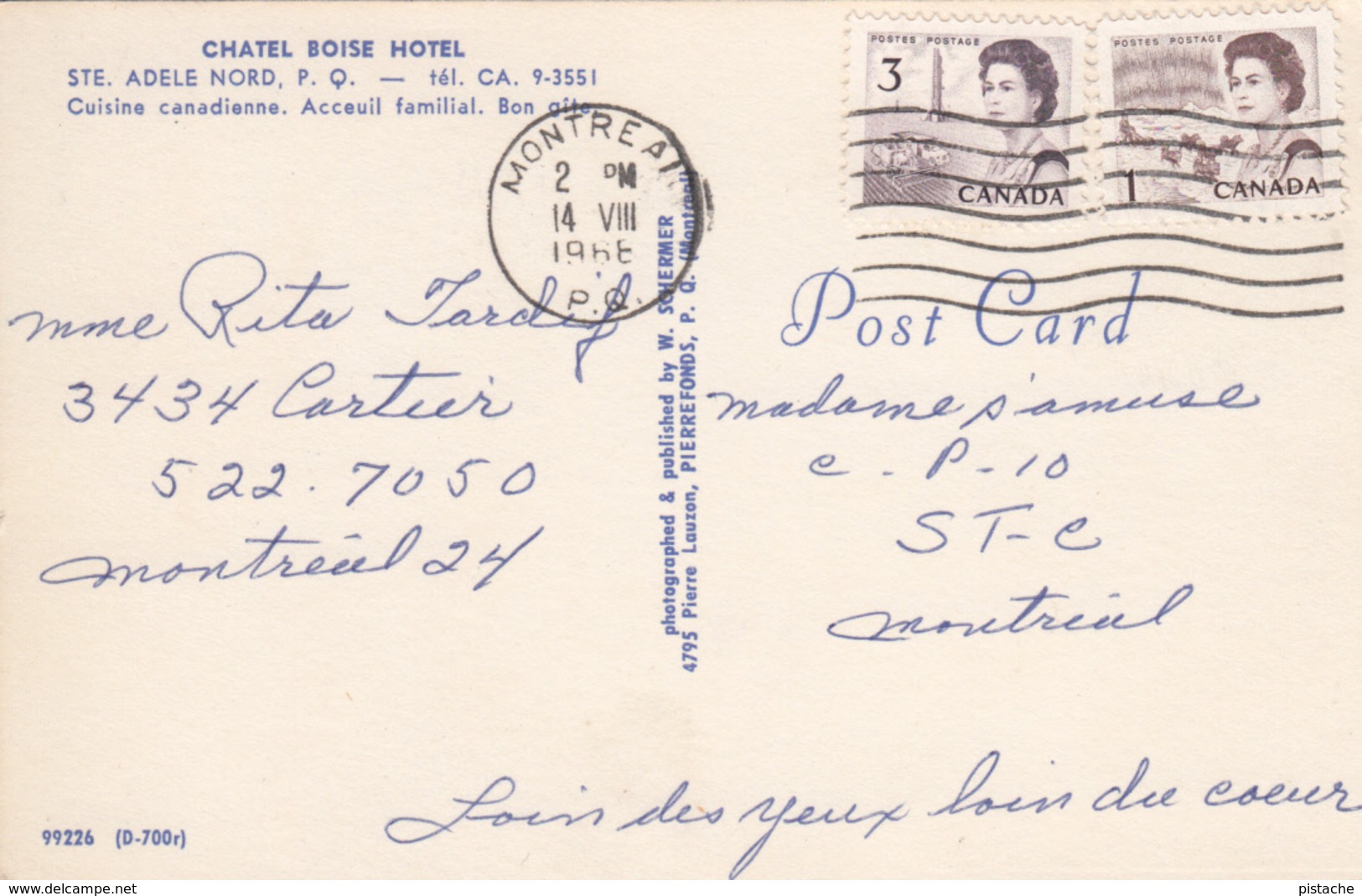 Ste Adèle Nord Laurentides Québec - Chatel Boisé Hotel - Cars Voitures - Stamp + Postmark 1968  - 2 Scans - Other & Unclassified