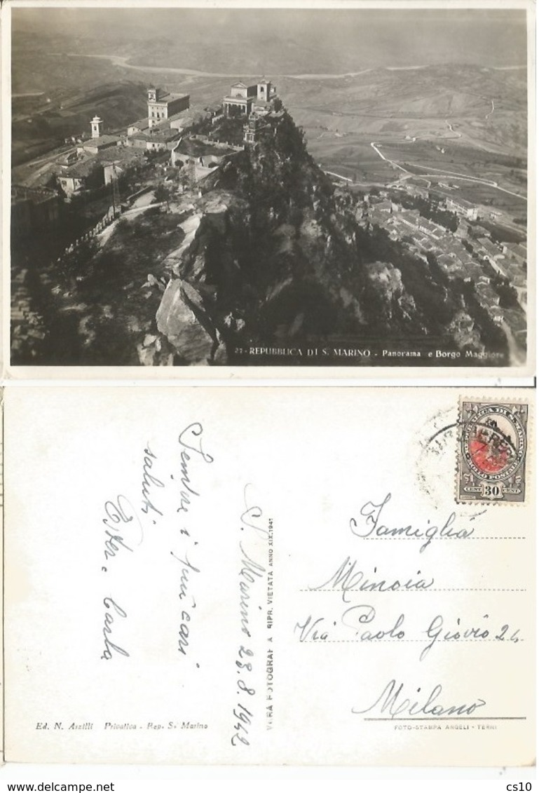 S. Marino Panorama & Borgo Maggiore Cart.b/n 23ago1942 X Milano Ordinaria C30 Isolato - Storia Postale