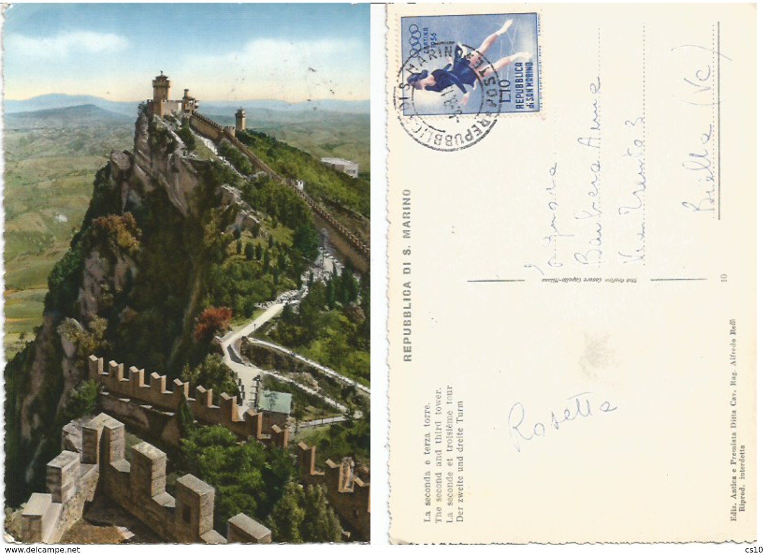 S. Marino 2nd & 3rd Tower Color PPC 3aug1956 X Biella VC - Olympics 1956 Cortina L.10 - Storia Postale