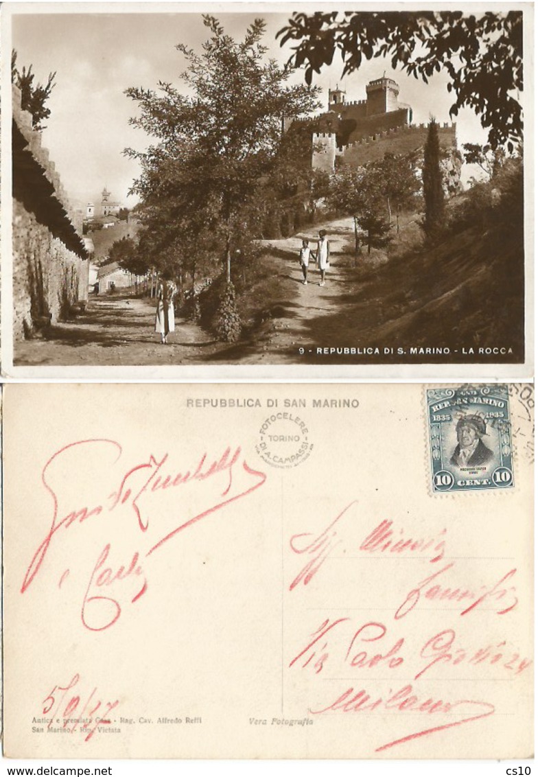 S. Marino La Rocca #9 - Moved B/w PPC 7sep1937 - M. Delfico C.10 Isolato X Milano - Storia Postale