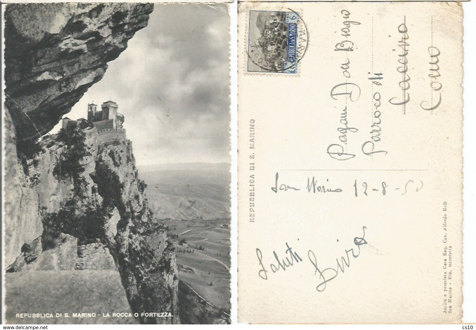 S.Marino La Rocca O Fortezza Cart.b/n Con Ordinaria L.6 Isolato 12ago1950 X Como - Storia Postale