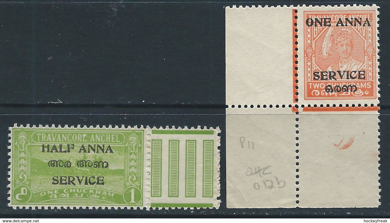 Travancore-cochin 1949 - ½a On 1ch & 1a On 2ch Perf 11 Officials SG011b & O12b No Gum As Issued Cat £4.50 SG2020 - Travancore-Cochin