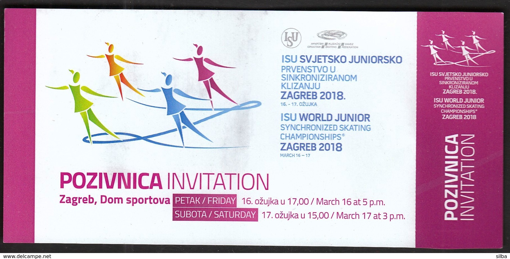 Croatia Zagreb 2018 / ISU World Junior Synchronized Skating Championships / Invitation Ticket - Pattinaggio Artistico