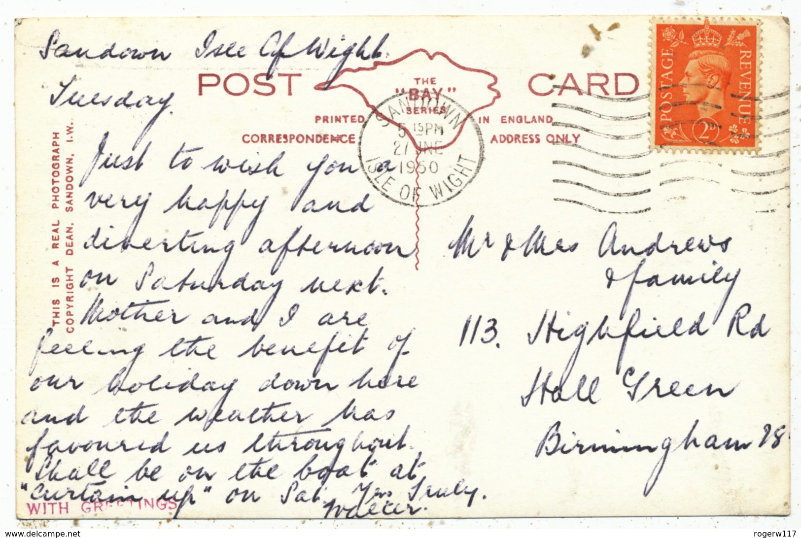 Sandown Bay, I.W., 1950 Postcard To Andrews Family, Hall Green, Birmingham - Sandown