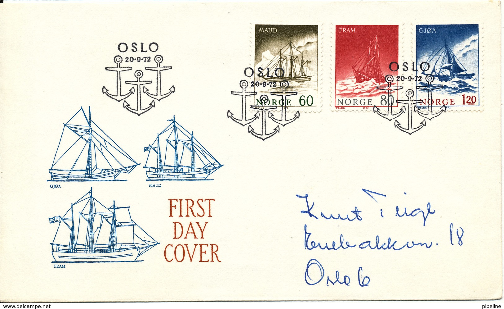 Norway FDC POLAR SHIPS 20-9-1972 Complete Set Of 3 With Cachet - FDC