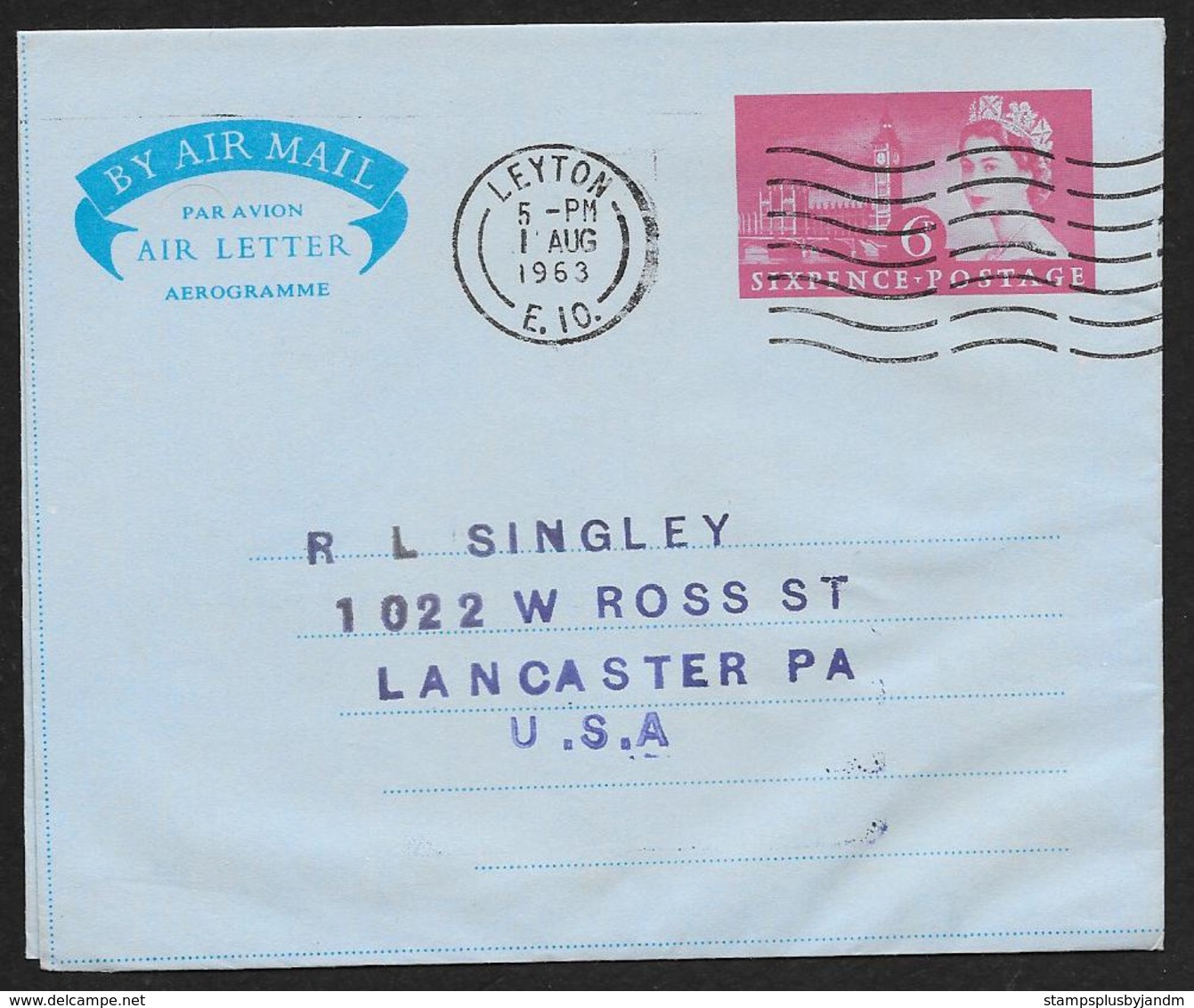 GREAT BRITAIN Aerogramme 6p Queen & Building 1963 Leyton Cancel To USA! STK#X21194 - Stamped Stationery, Airletters & Aerogrammes