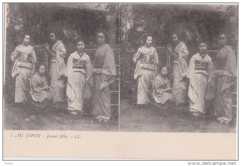 Cpa Précurseur Stéréo - Au Japon - Jeunes Filles (en Kimono) - Other & Unclassified