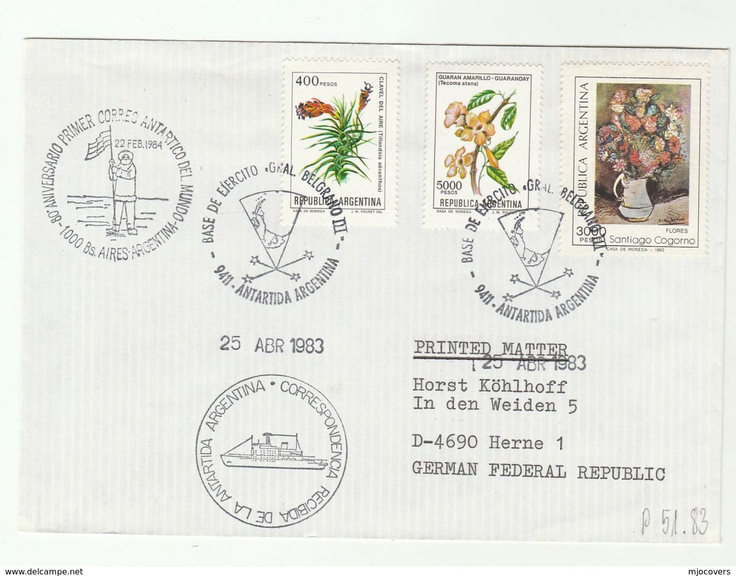 1983 Antarctic BASE DE EJERCITO GRAL BELGRANO III  ARGENTINIAN POLAR COVER Ship Argentina Flower Stamps - Research Stations