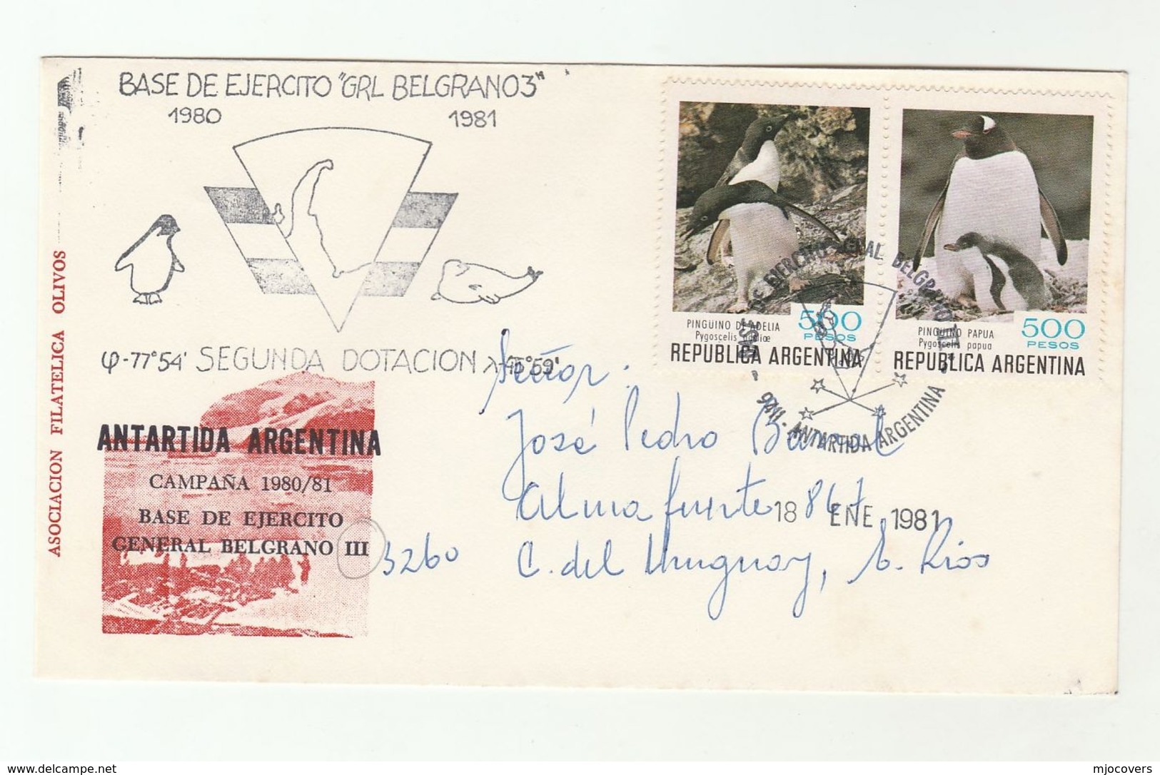 1981 Antarctic BASE DE EJERCITO GRAL BELGRANO III  ARGENTINIAN POLAR COVER Ship Argentina Penguin Bird Stamps Seal Seall - Research Stations