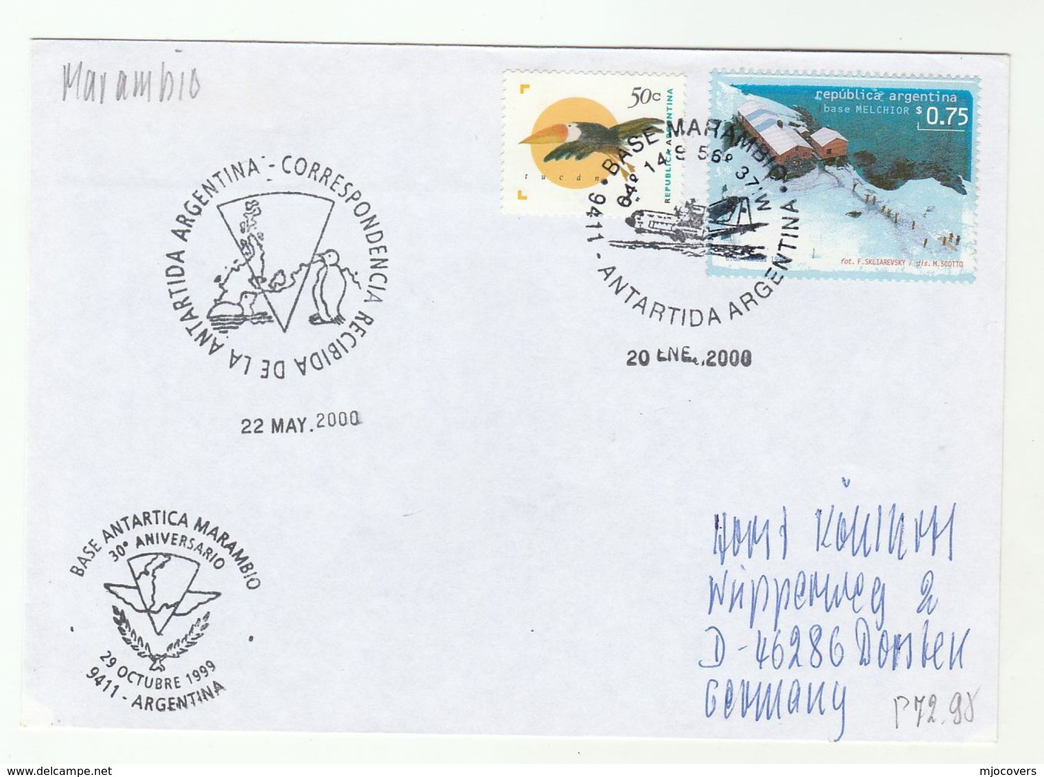 2000 Antarctic BASE MARAMBIO ARGENTINIAN POLAR COVER  Argentina Flight Aviation Stamps Bird - Research Stations