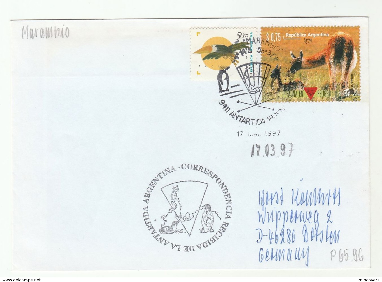 1997 Antarctic BASE MARAMBIO ARGENTINIAN POLAR COVER  Argentina  Penguin Bird Stamps Guanaco - Research Stations