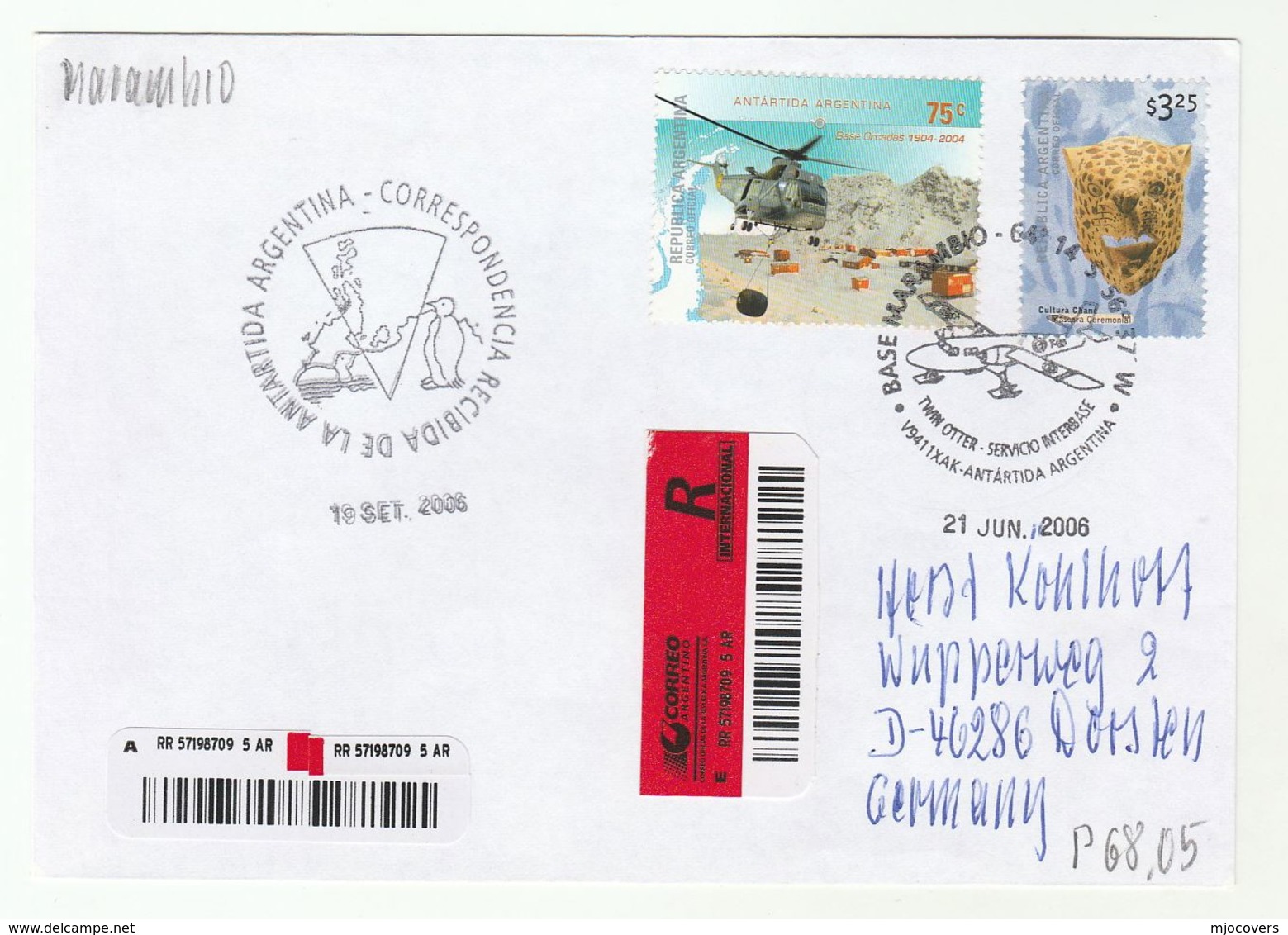 2006 Antarctic BASE MARAMBIO ARGENTINIAN POLAR FLIGHT COVER  Argentina Registered Aviation Stamps Helicopter - Research Stations