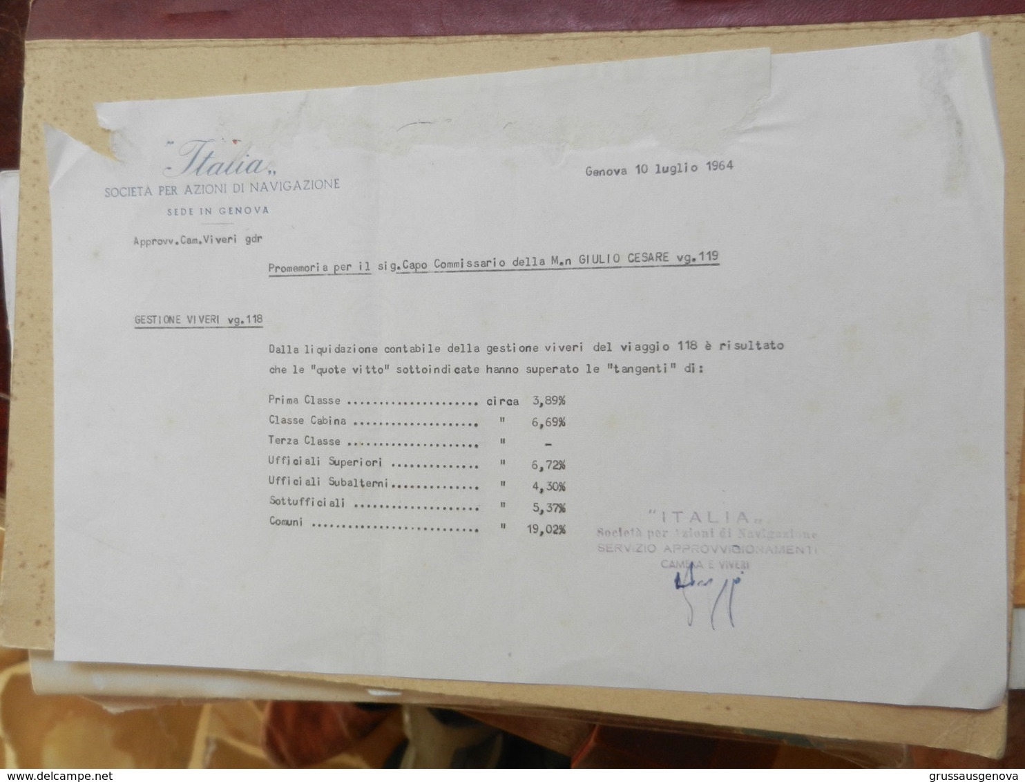 7a) 1964 ITALIA NAVIGAZIONE GENOVA MOTO NAVE GIULIO CESARE PROMEMORIA GESTIONE VIVERI  DIMENSIONI 22 X 14,5 Cm - Sonstige & Ohne Zuordnung