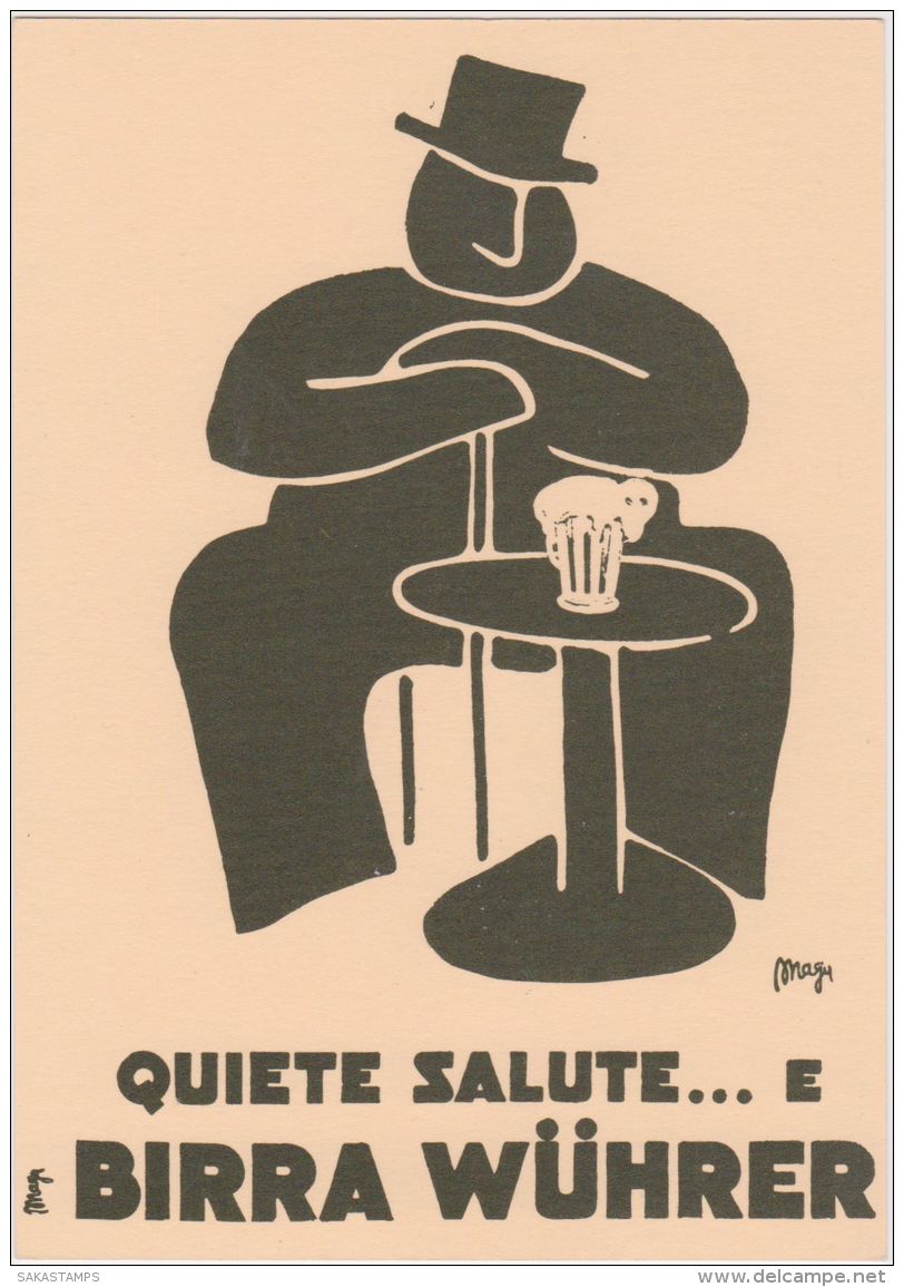 1950circa- Quiete Salute .. E Birra Wührer Firmata Maga Cartolina Pubblicitaria - Autres & Non Classés