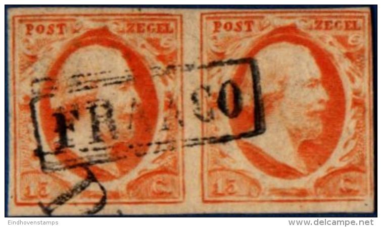 Nederland 1852 15 Cent Mooi Gerand Paar Franco Stempel, First Emission, Pair Good Margins - Gebruikt