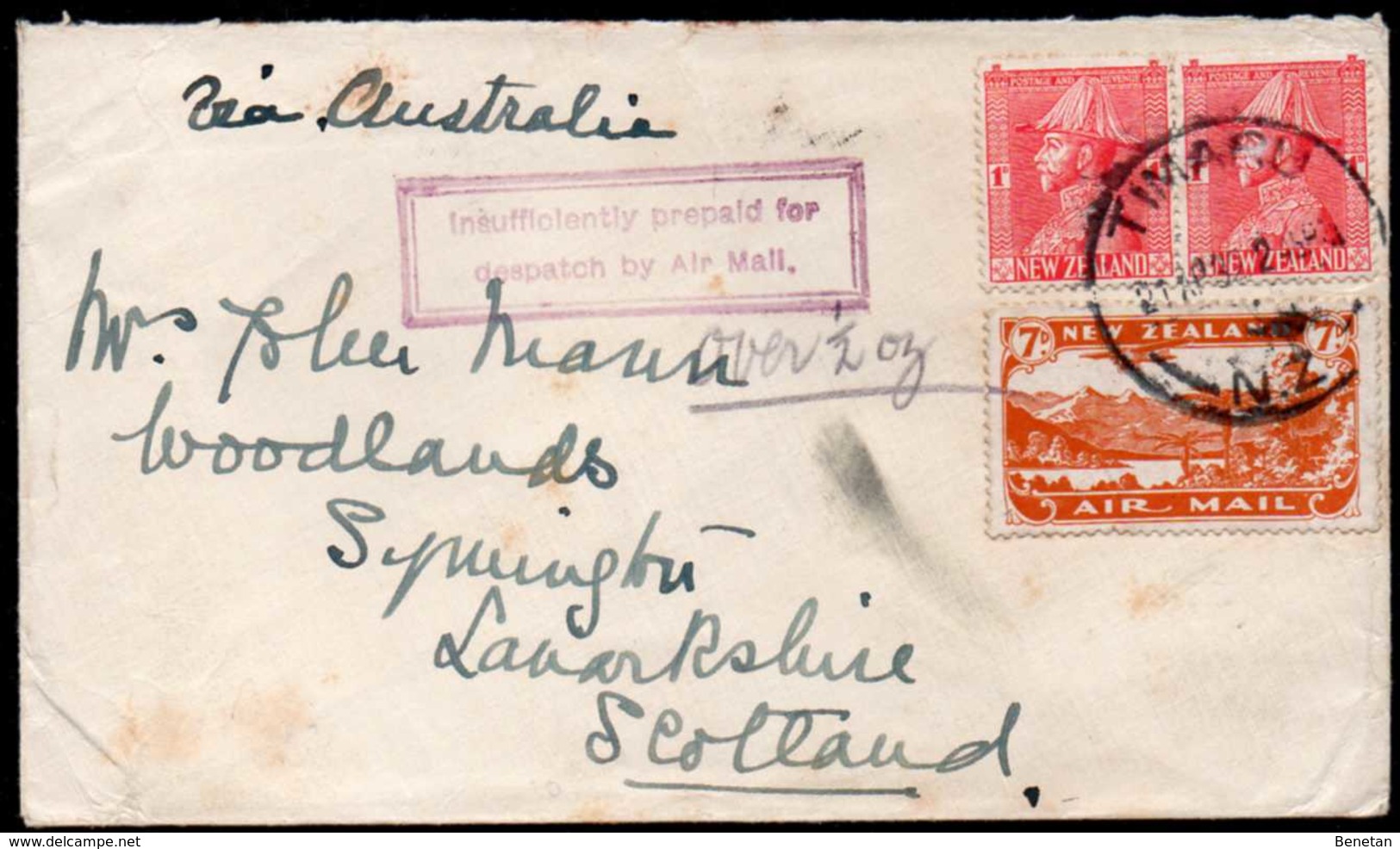New Zealand, Timaru To Scotland Airmail Cover 1923 (insufficiently Prepaid Cancel) - Covers & Documents