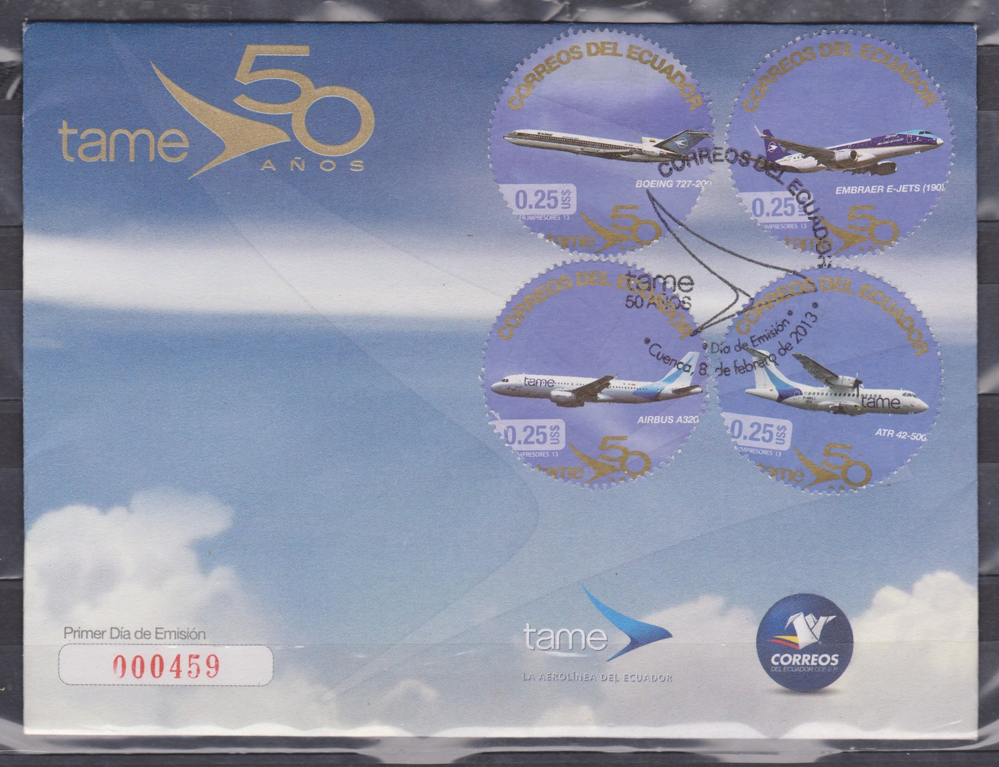 ECUADOR 2013 FDC TAME 50 YEARS FLYING EMBRAER E-JETS BOEING 727-200 AIRBUS A320 ATR 42-500 - Equateur