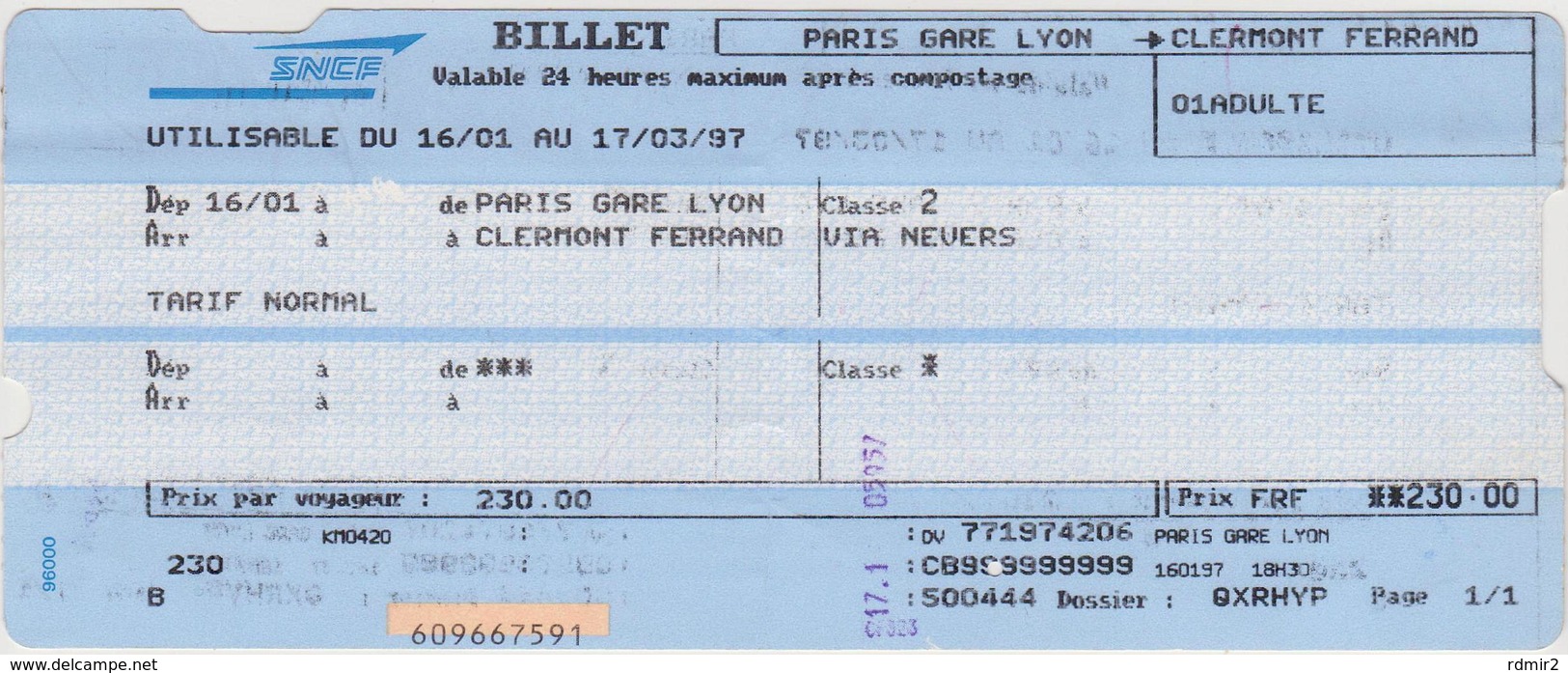 [75] Billet SNCF Paris-Clermont Ferrand, Via Nevers, France, 1997. (Chemin De Fer, Ferrocarril, Railway, Ferrovia, Bahn) - Ferrocarril