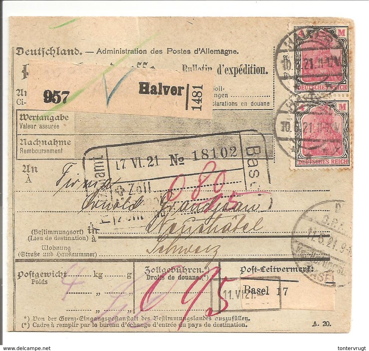 Paketkarte Halver>Schweiz 1921 - Briefe U. Dokumente