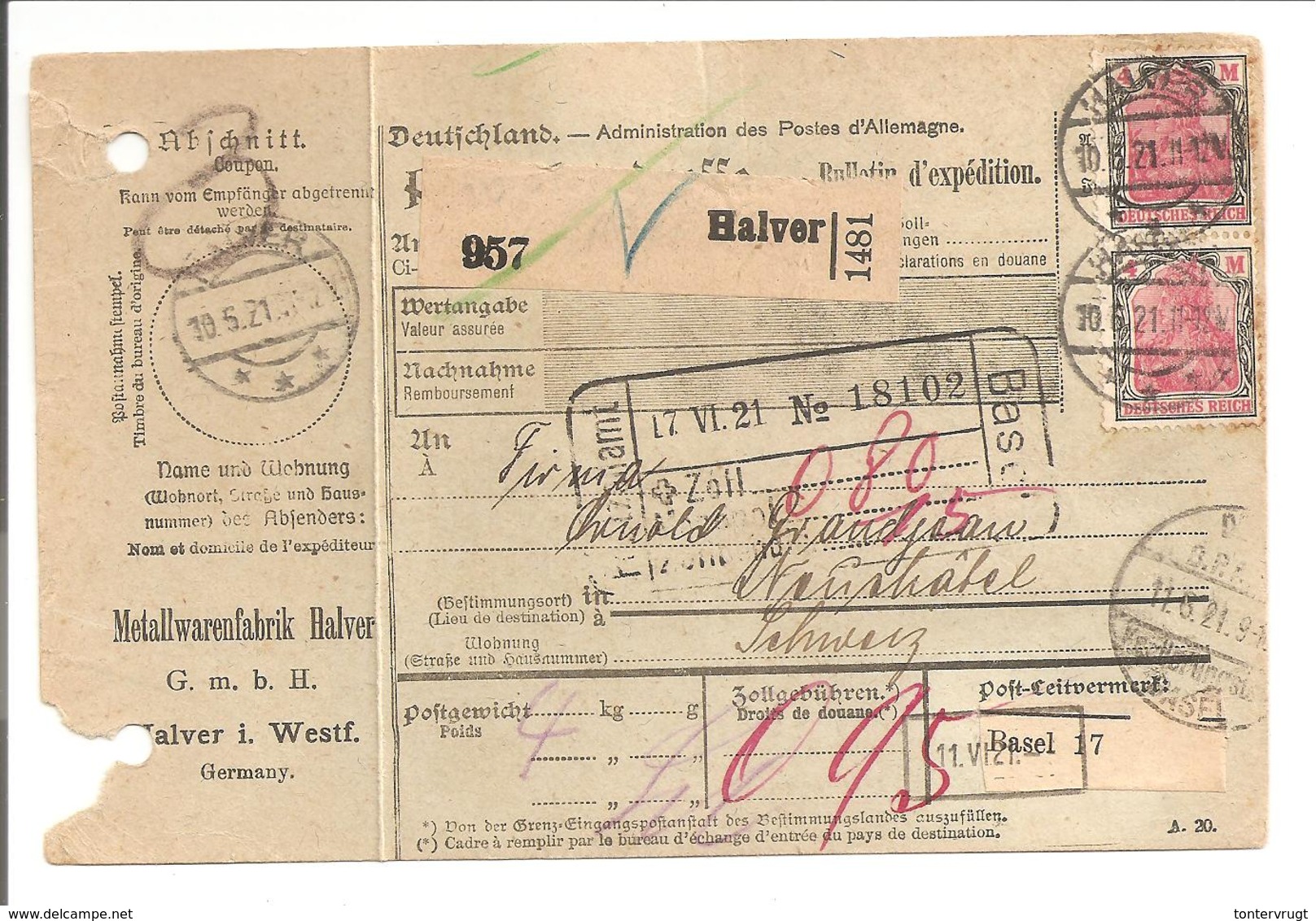 Paketkarte Halver>Schweiz 1921 - Briefe U. Dokumente