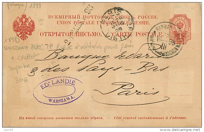 TIMBRES.N°2837.POLOGNE.1898.WARSZAWA AVEC TP RUSSE ET OBLITERATION POUR PARIS + CACHET.SUPERBE - ...-1860 Prefilatelia