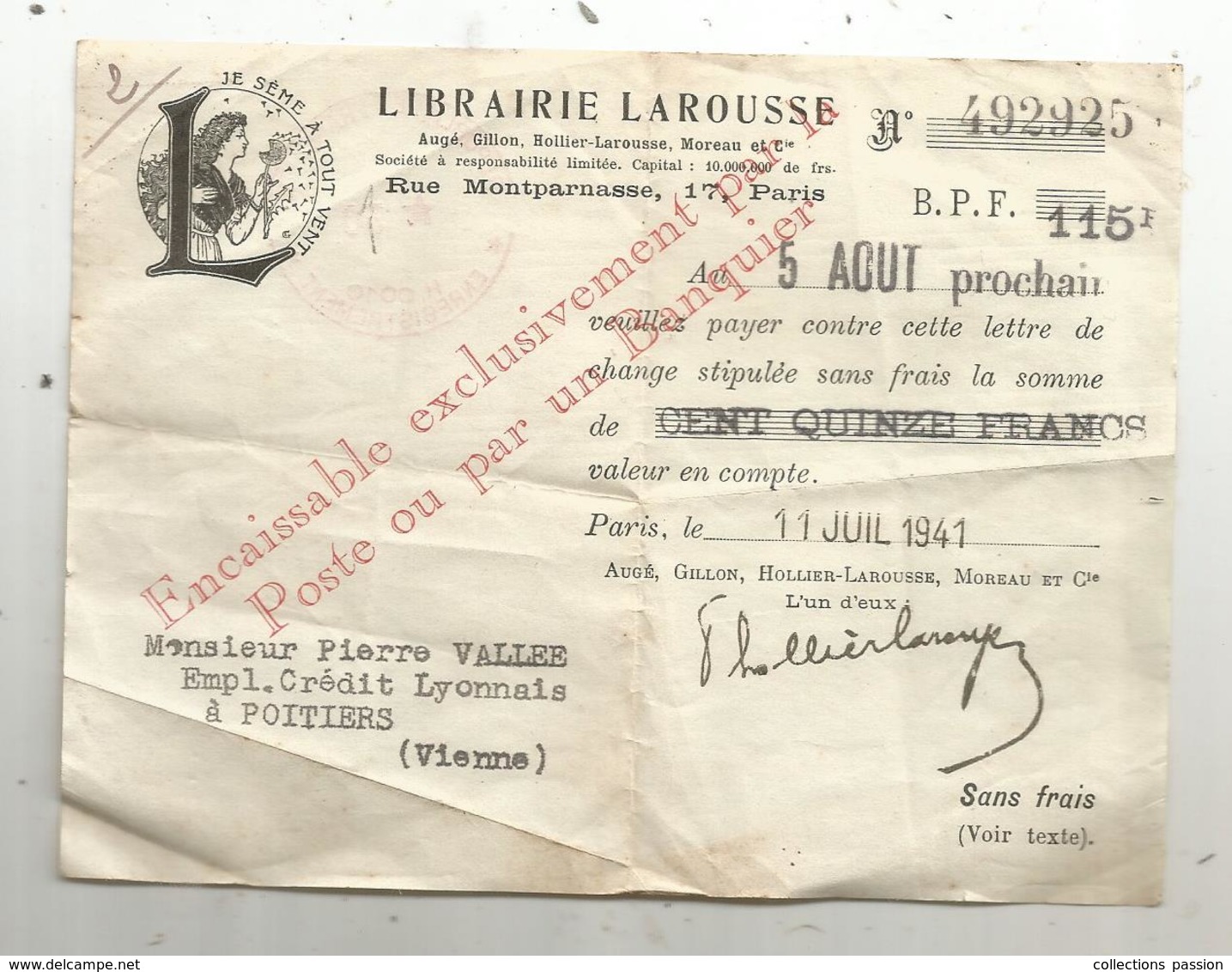 Lettre De Change , Librairie LAROUSSE , Rue Montparnasse ,Paris ,1941,cachet : Enregistrement ,2 Scans , Frais Fr 1.45e - Bills Of Exchange