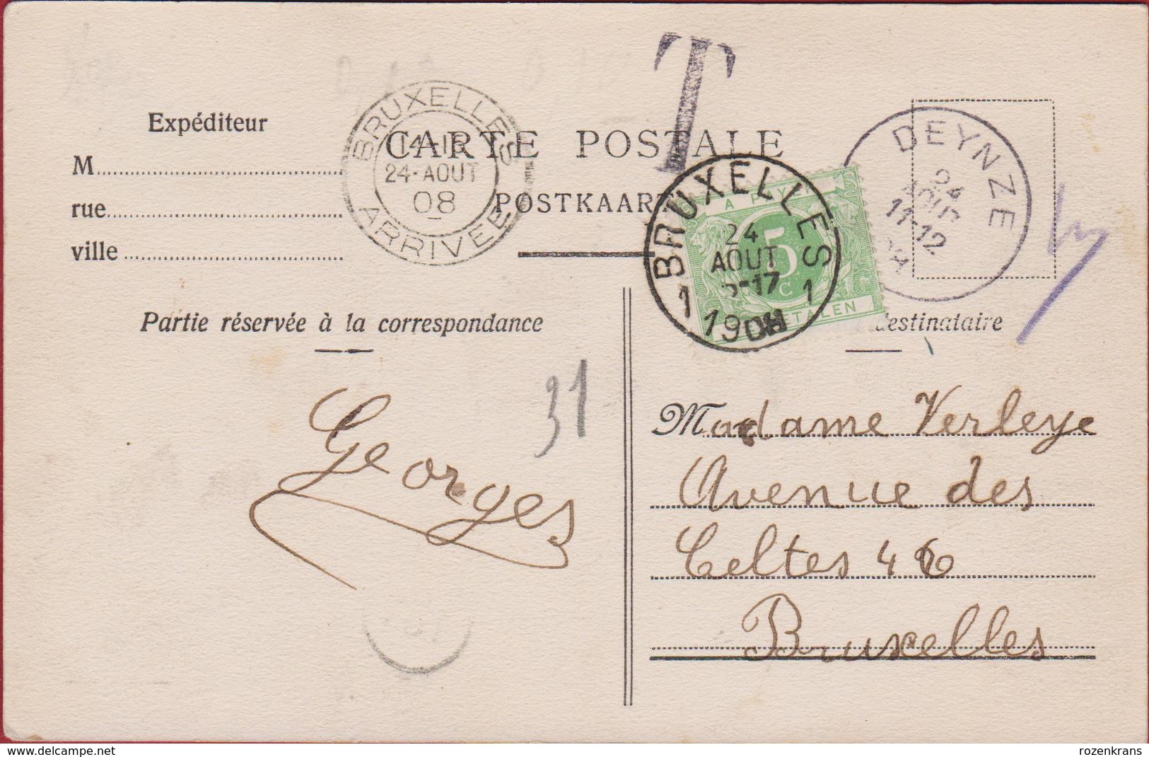 Deinze Deynze Rue Du Marche Merktstraat (In Goede Staat) 1908 Tax Taxzegel - Deinze
