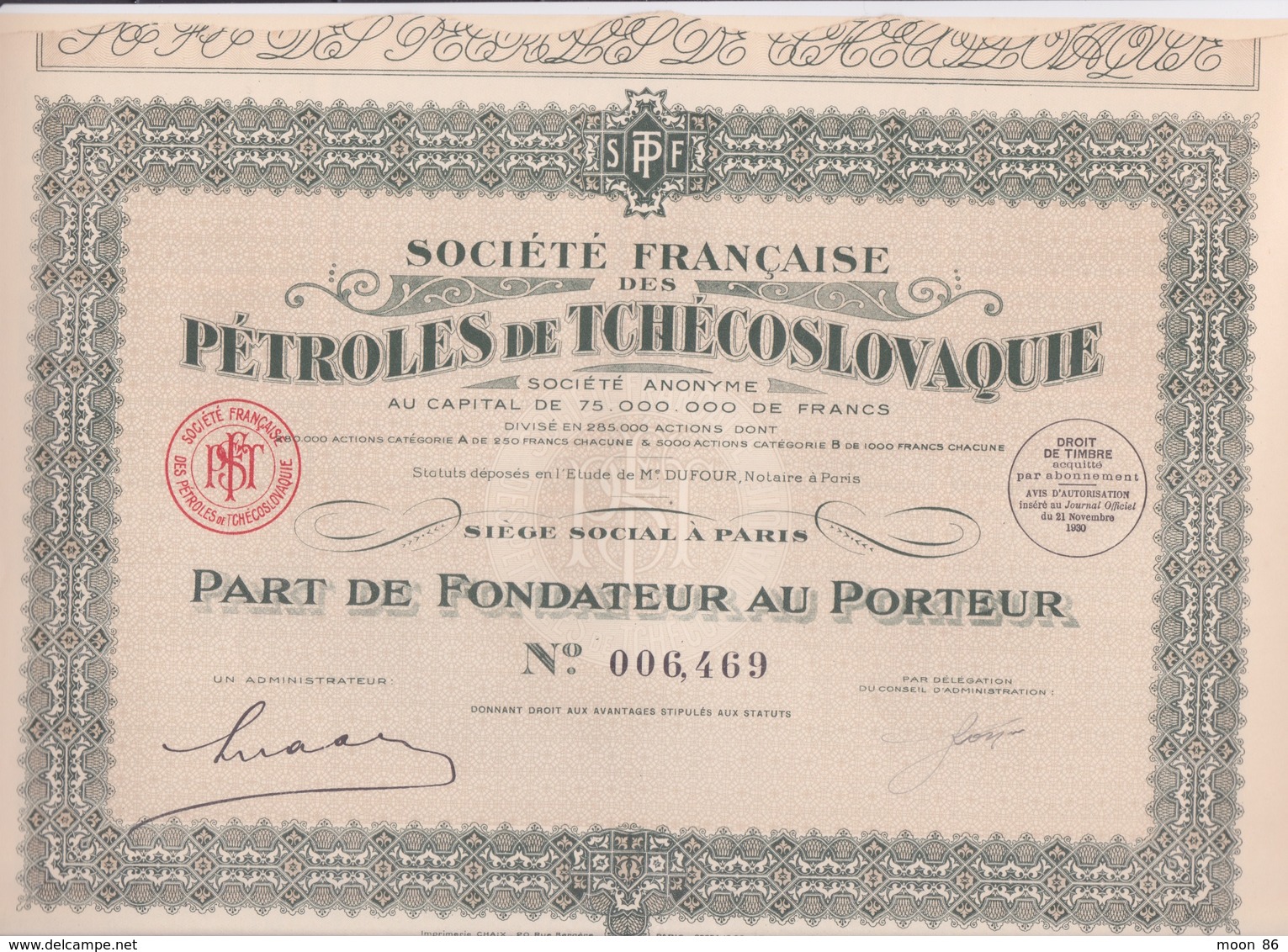 TRES BELLE ACTION -SOCIÉTÉ FRANÇAISE DES PETROLES DE TCHÉCOSLOVAQUIE - S P. T F - Pétrole