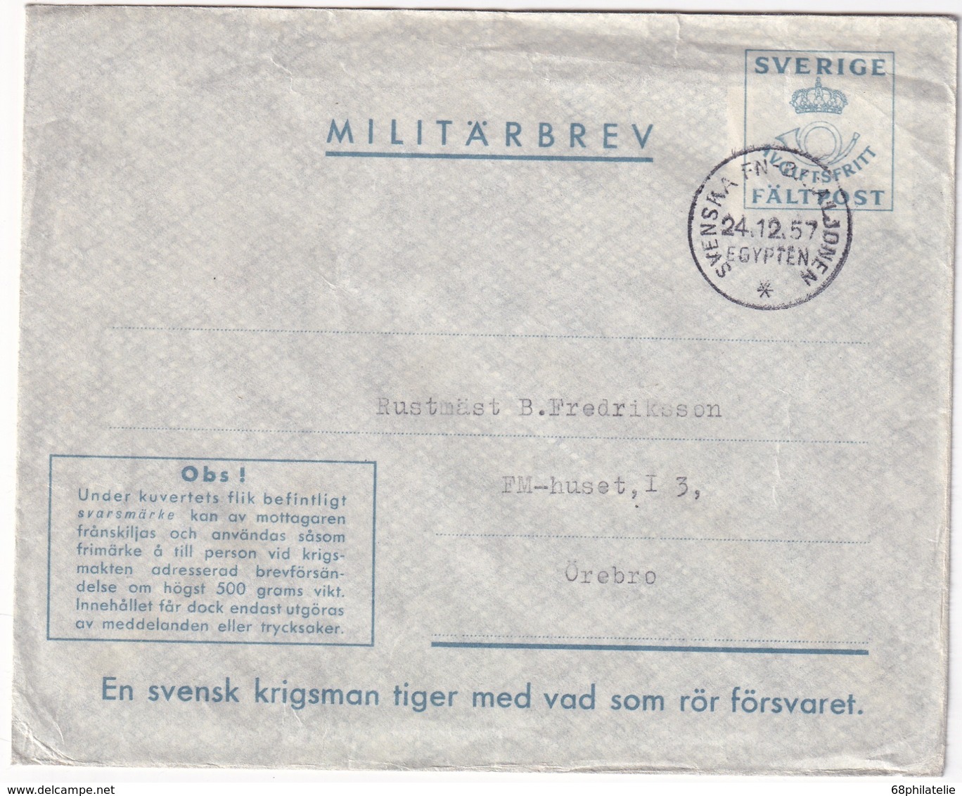 SUEDE 1957 LETTRE EN FRANCHISE MILITAIRE - Militärmarken