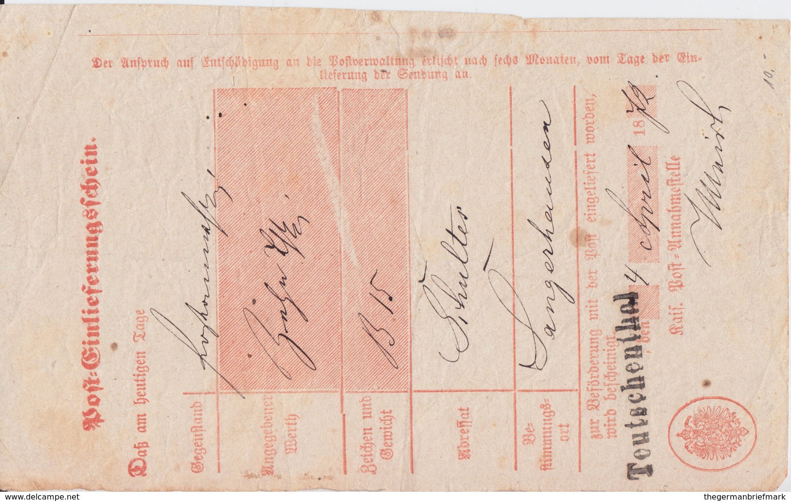 Preußen Wohl Nv L1 Teutschenthal B Halle Saale Postschein 1872 - Sonstige & Ohne Zuordnung