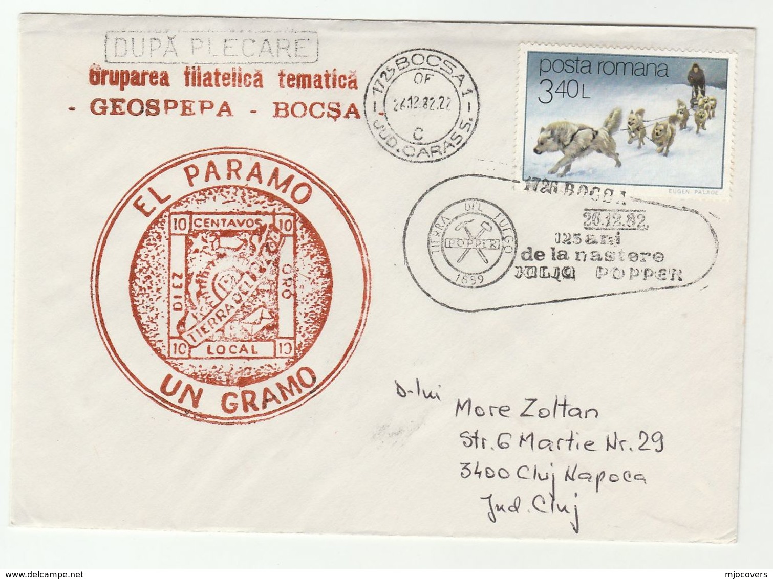 JULIUS POPPER MINERALOGIST  EVENT COVER 1989 ROMANIA  Polar Antarctic Explorer Gold Mining Minerals Dog Dogs - Minerals