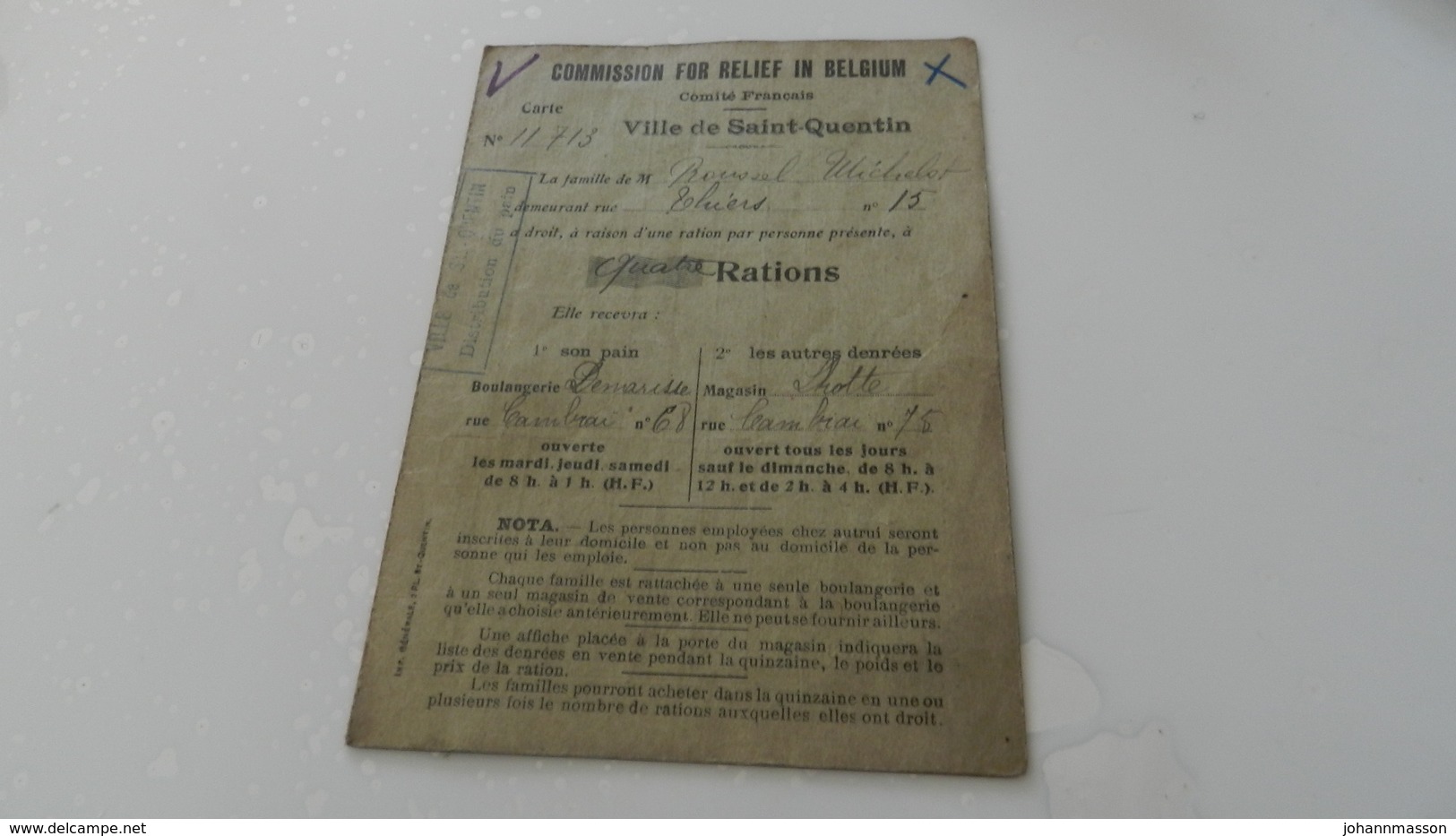 Ville De Saint - Quentin   Distribution De Pain  Carte De Rations - Unclassified