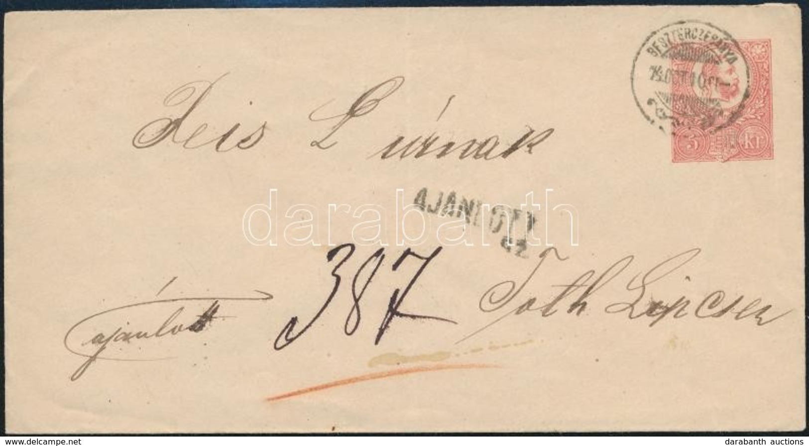 1874 5kr Ajánlott Díjjegyes Boríték 2 X 5kr Díjkiegészítéssel A Hátoldalon / 5kr Registered PS-cover With 2 X 5kr Additi - Other & Unclassified