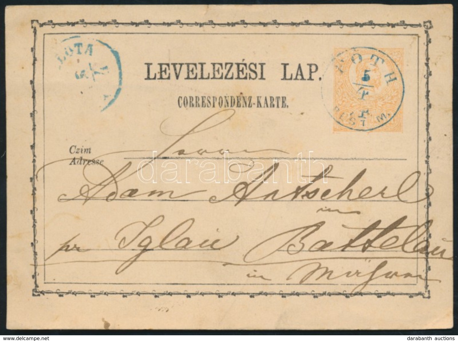 1874 Díjjegyes Levelez?lap / PS-card Kék / Blue 'FÓTH PEST M.' - Mähren - Other & Unclassified