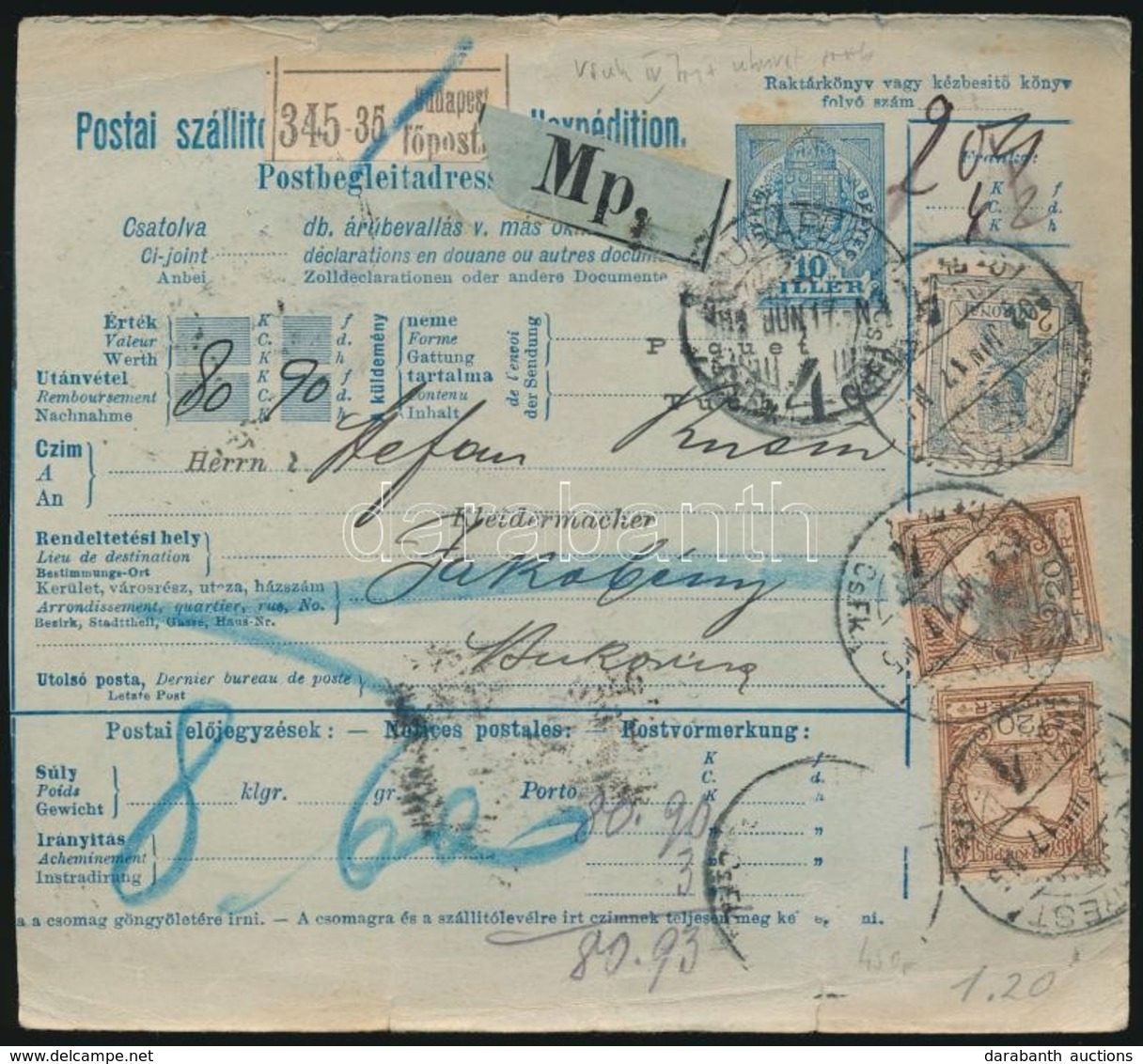 1902 Csomagszállító Bukovinába, Rajta Turul 2K + 2 X 20f, 1 Bélyeg Hiányzik - Other & Unclassified